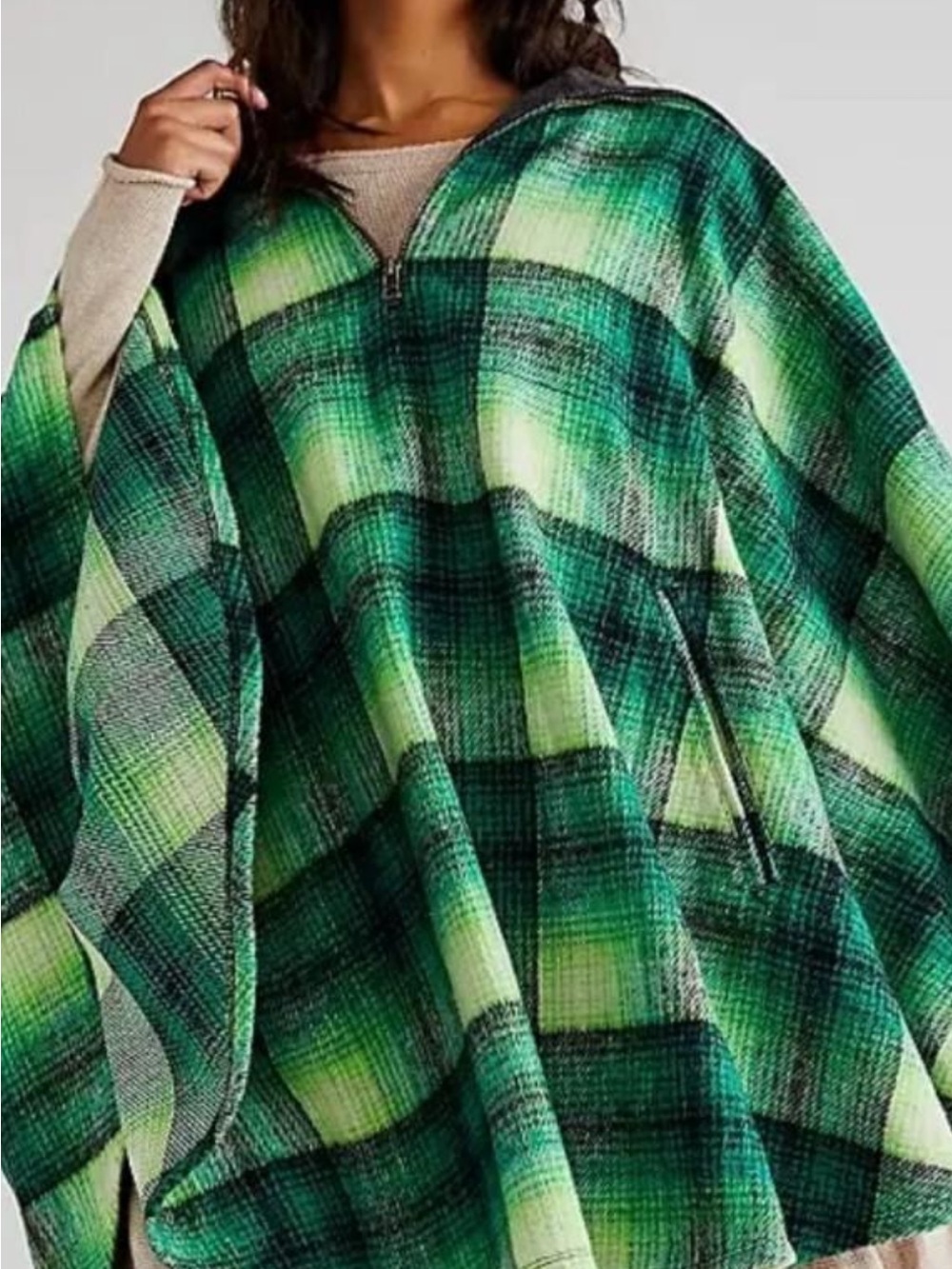 Free People Woodstock Brushed Plaid Poncho Jacket - Green/Grey - One Size